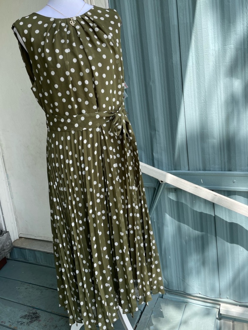 NorthStyle Olive Green and White Polka Dot Pleated Midi Dress